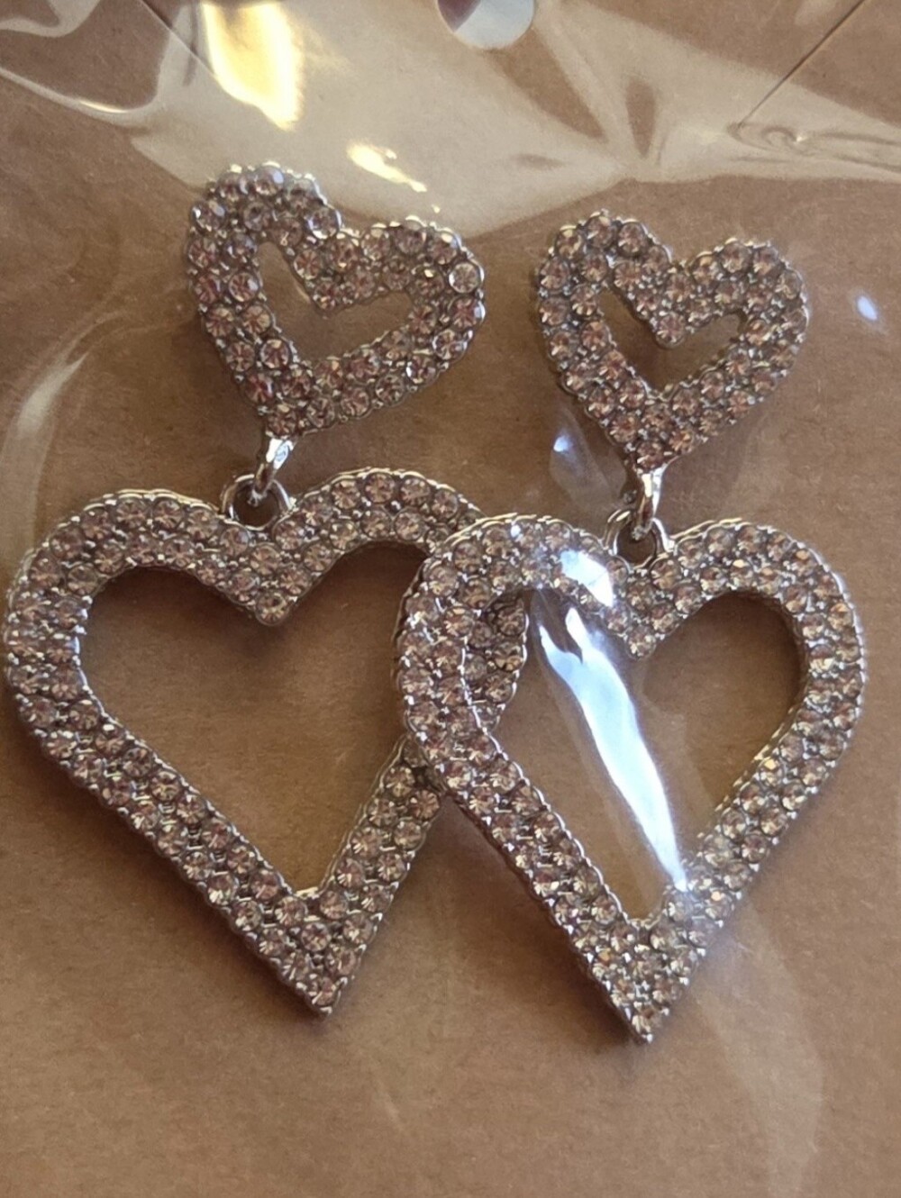 Sparkling Double Heart Drop Earrings - Pink Crystal